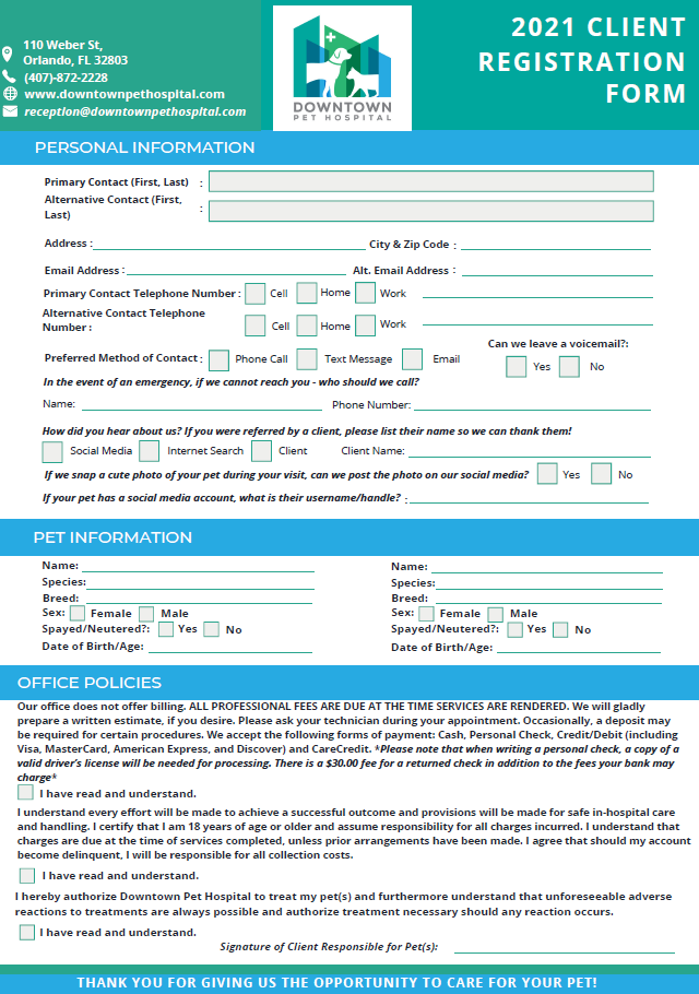 Patient Forms - New Patient Registration | Downtown Pet Hospital